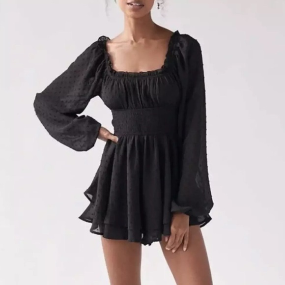 Urban Outfitters Pants - Urban Outfitters Rosie Clip Dot Smocked Long Sleeve Romper SM Black Fairygoth